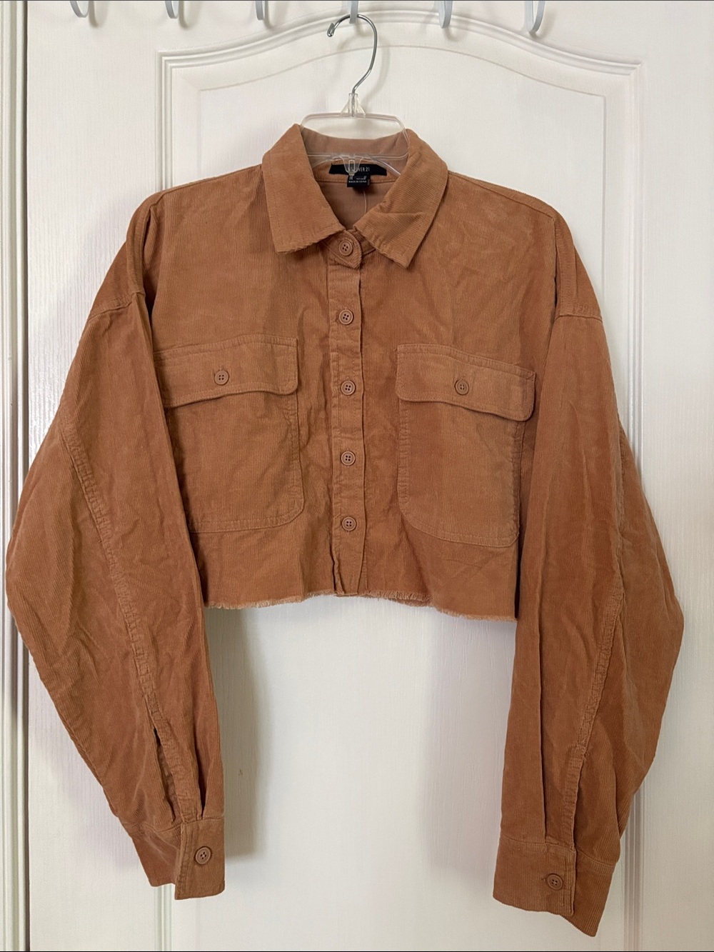 Crop Corduroy Button-Up Jacket in Chestnut brown
